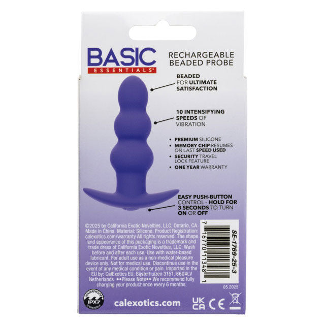 Basic Essentials Rechargeable Beaded Probe for Adult Pleasure Purple Anal Toys & Stimulators
