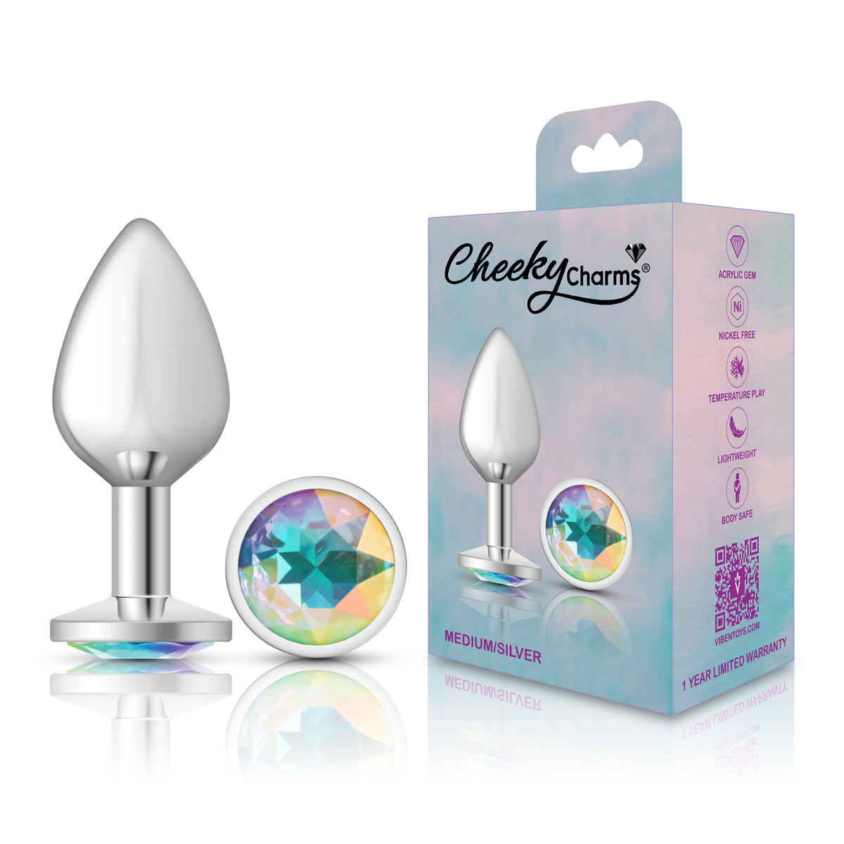 Cheeky Charms Silver Round Butt Plug with Clear Iridescent Jewel Medium (8.03cm) > Anal Range > Jewel Butt Plugs