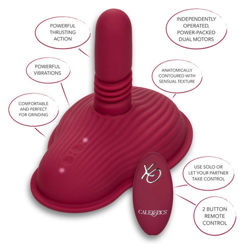 Dual Rider Remote Control Thrust and Grind Waterproof Rechargeable Silicone Massager in Burgundy Vibrating Pads