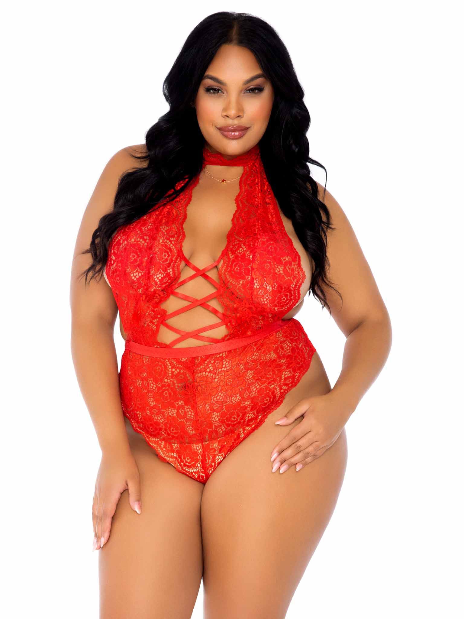 Leg Avenue Floral Lace Crotchless Teddy Red UK 14 to 18 > Clothes > Plus Size Lingerie