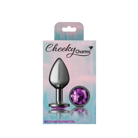 Cheeky Charms Gunmetal Round Butt Plug with Purple Jewel Medium Purple > Anal Range > Jewel Butt Plugs