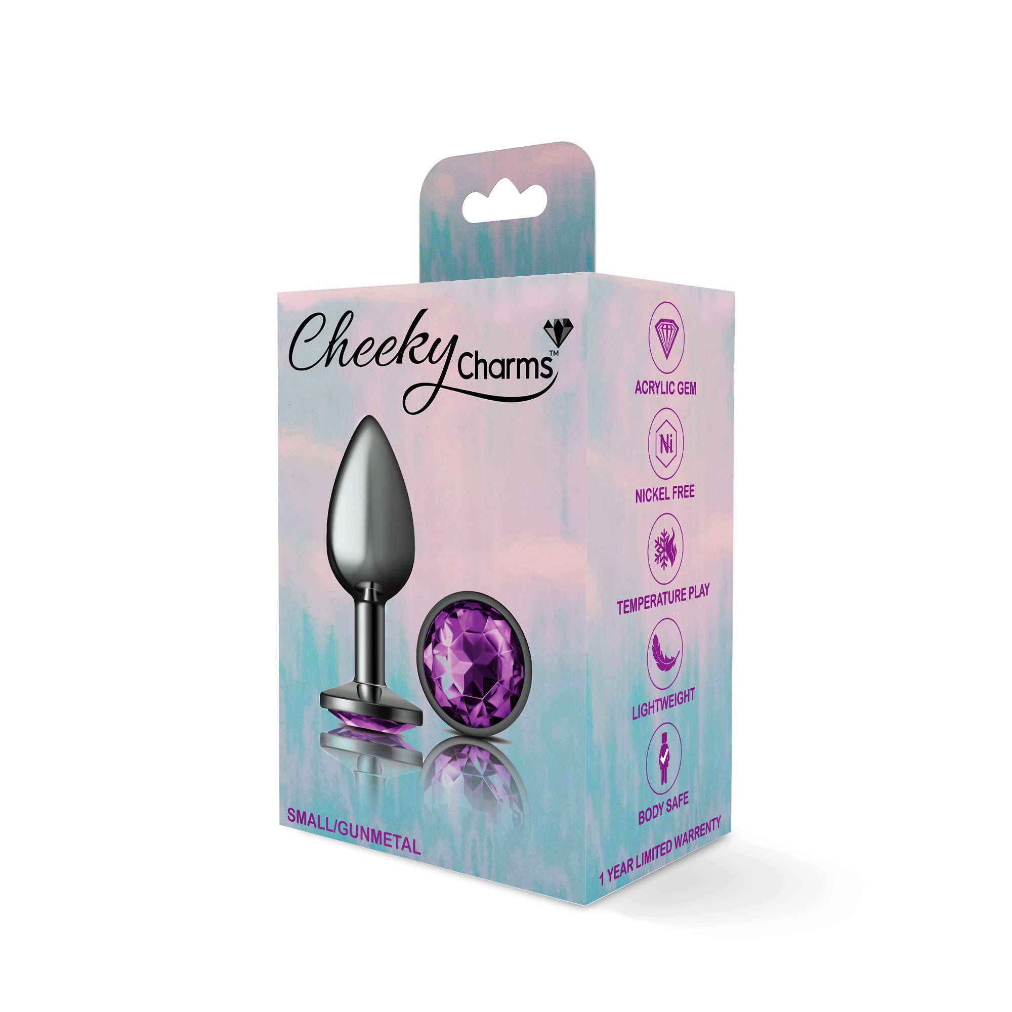 Cheeky Charms Gunmetal Round Butt Plug with Purple Jewel Small > Anal Range > Jewel Butt Plugs
