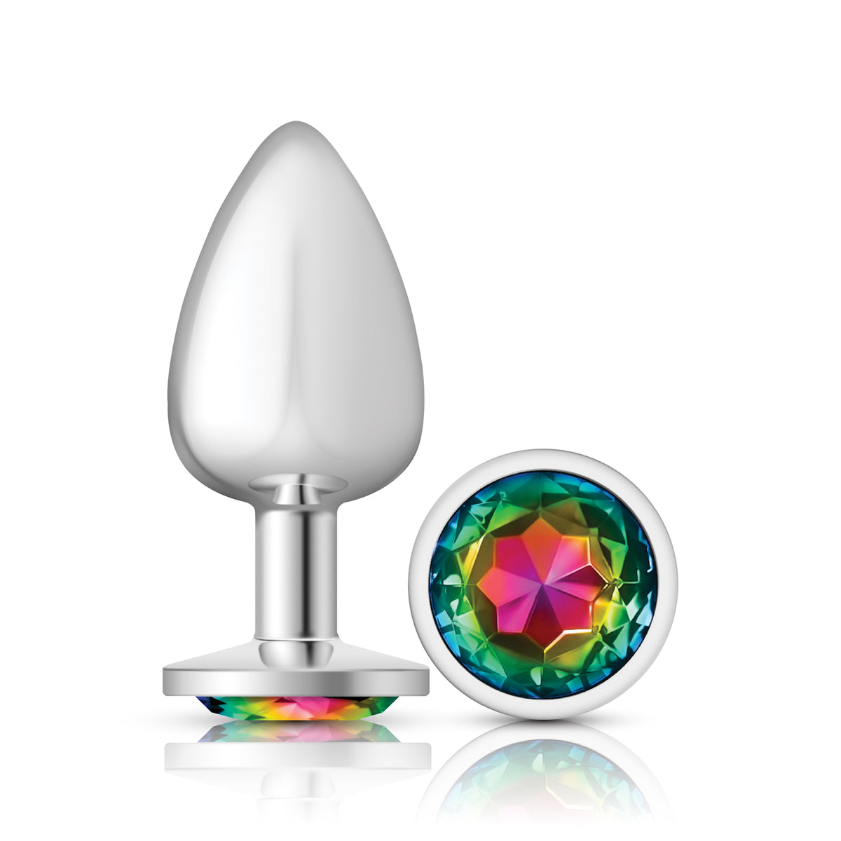 Cheeky Charms Silver Round Butt Plug with Rainbow Jewel Large (9.12cm) Multi Large > Anal Range > Jewel Butt Plugs