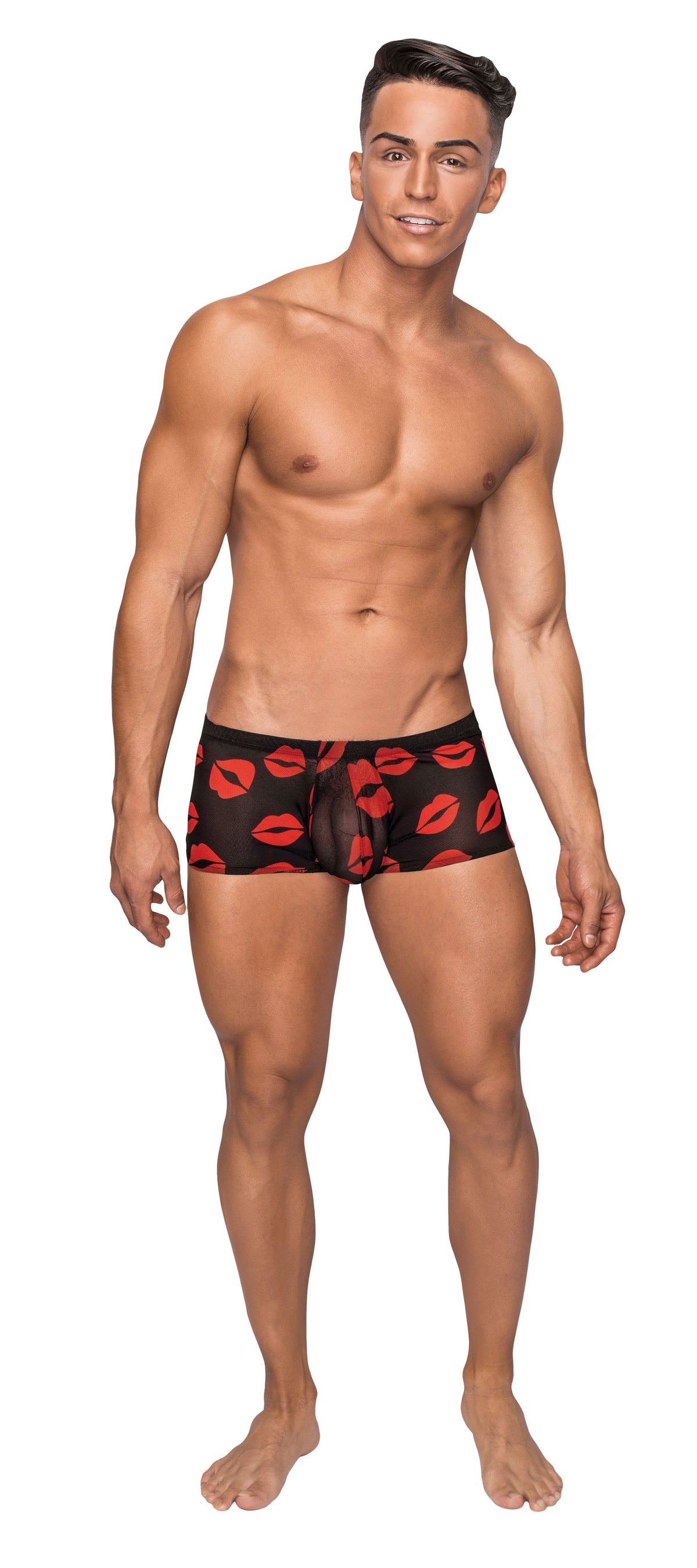 Male Power Kiss Me Sheer Black Mini Shorts with Kiss Print Small Men’s Underwear > Clothes > Mens Trunks