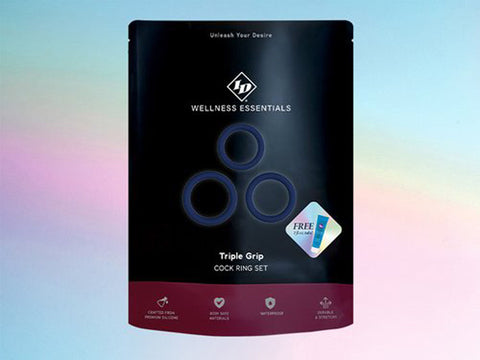 Triple Grip Adjustable Silicone Cock Ring Set with Lubricant Blue COCK RING Set