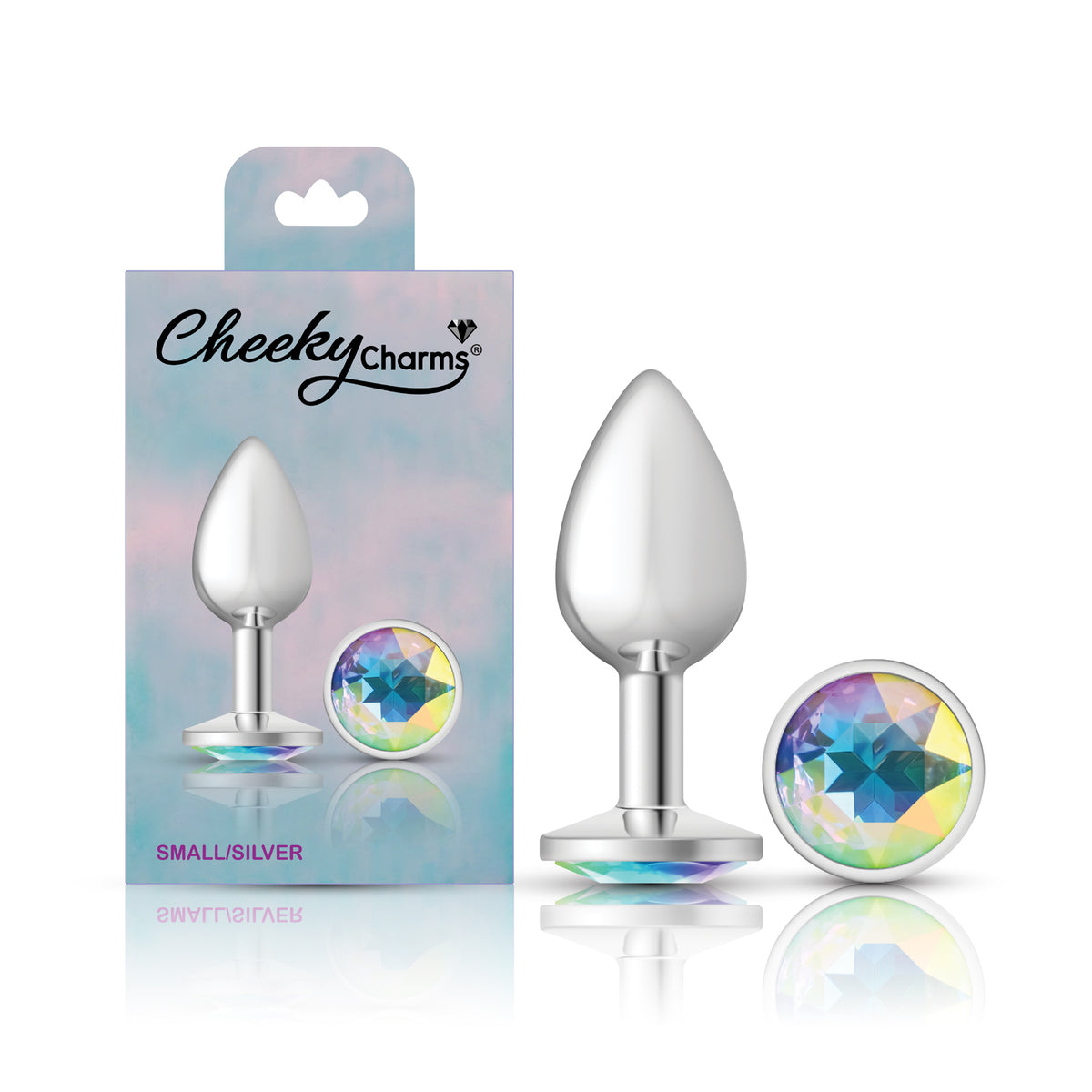 Cheeky Charms Silver Round Butt Plug with Clear Iridescent Jewel Small (6.78cm) > Anal Range > Jewel Butt Plugs