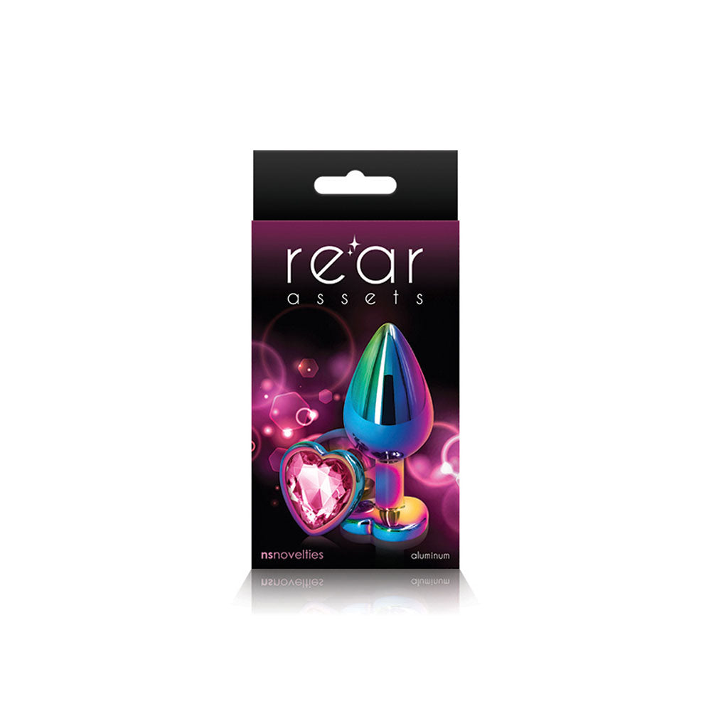 Rear Assets Multi 3.23 Inch Medium Metal Butt Plug with Pink Heart Gem Base Multi Medium > Anal Range > Jewel Butt Plugs