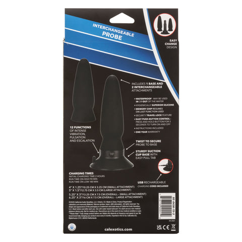 Eclipse Interchangeable Probe Black Silicone Vibrating Anal Probe Set with 2 Attachments and Suction Cup Base Butt Plugs - Vibrating