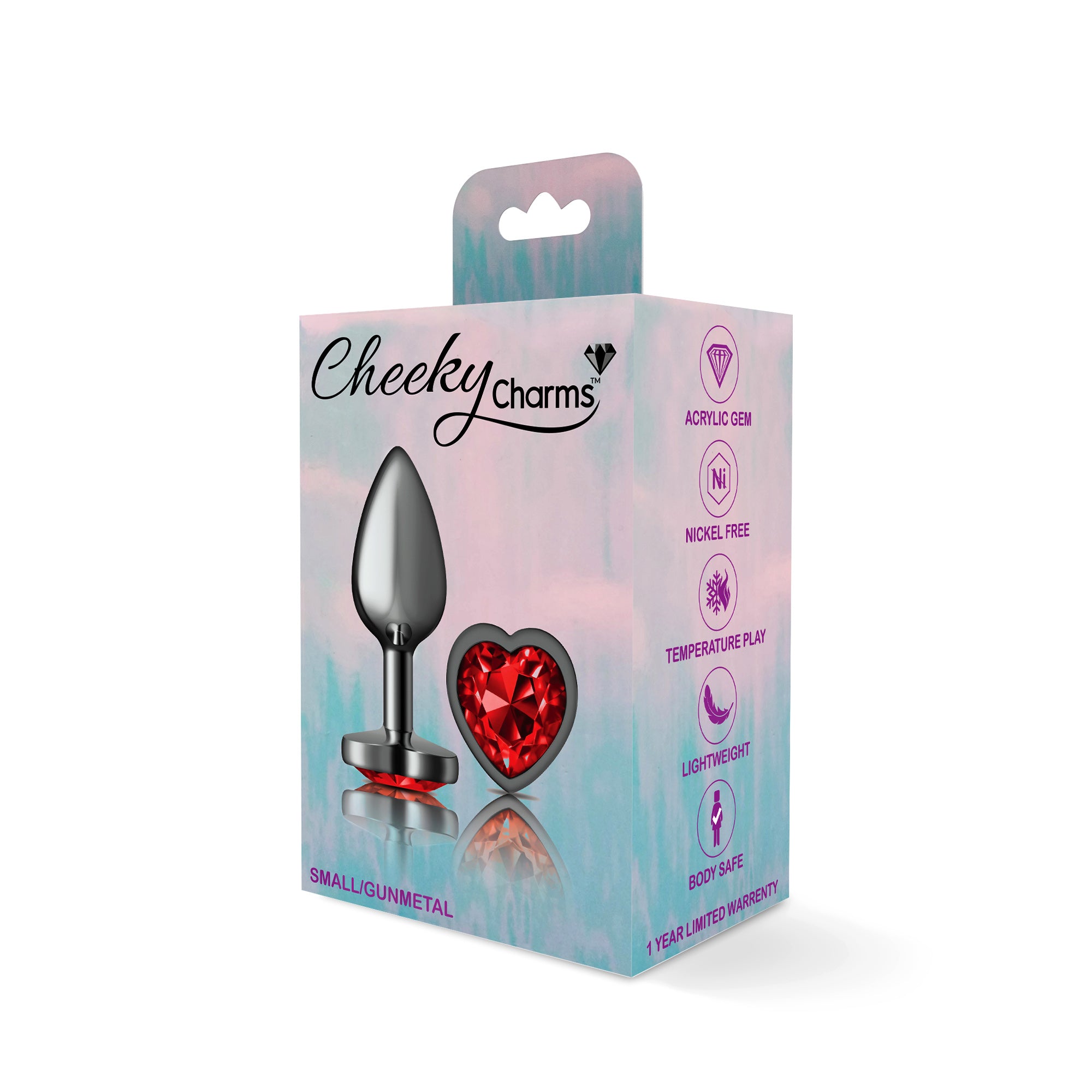 Cheeky Charms Gunmetal Butt Plug with Heart Red Jewel Small > Anal Range > Jewel Butt Plugs