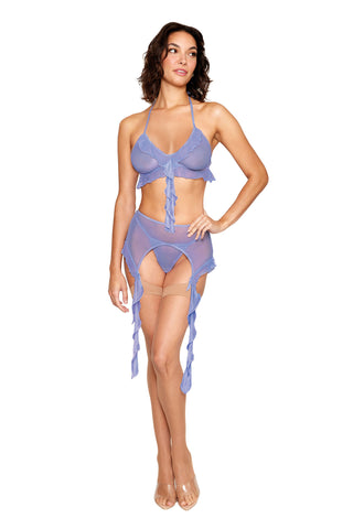 Lavender Haze Mesh Bralette Set with Garter Belt and G-String > Clothes > Bra Sets