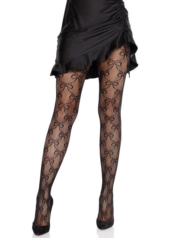 Leg Avenue Bow Net Tights Black Hosiery One Size Stretchy Hosiery