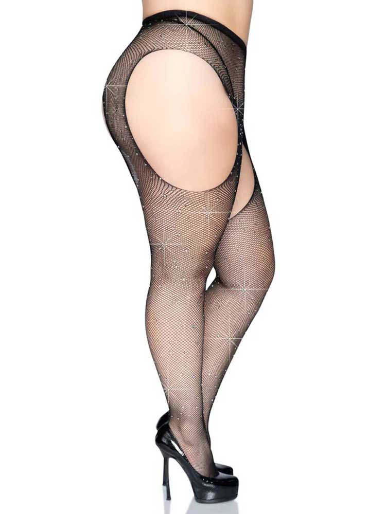Leg Avenue Casey Rhinestone Fishnet Suspender Pantyhose Black – Luxe Lingerie Accessories > Clothes > Hosiery > Garterbelt Sets