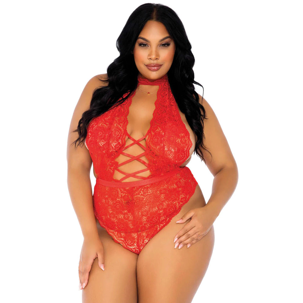 Leg Avenue Floral Lace Crotchless Teddy Red UK 14 to 18 > Clothes > Plus Size Lingerie