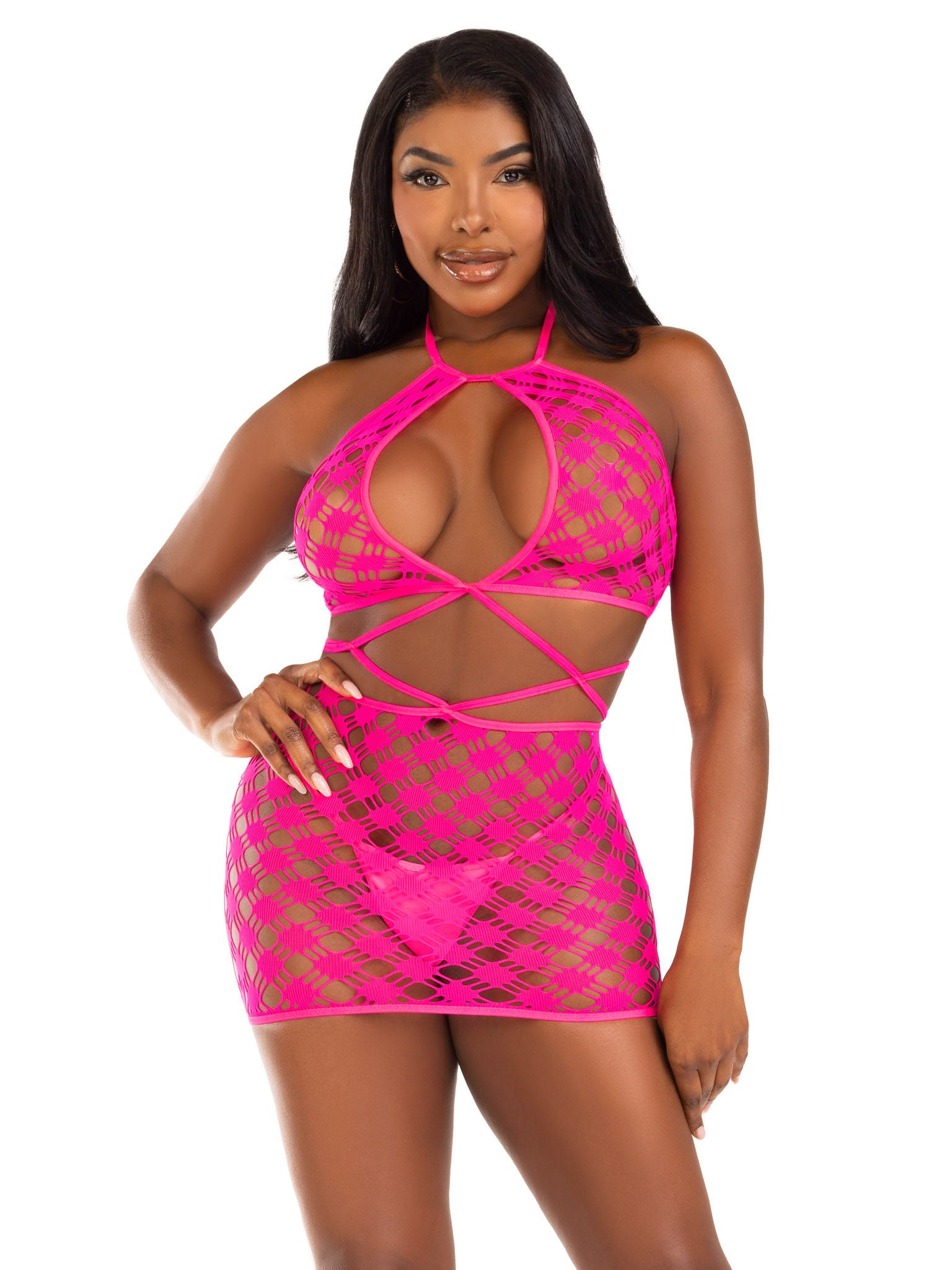Leg Avenue Keyhole Halter Net Mini Dress (Neon Pink) – Lingerie > Clothes > Dresses and Chemises Main image