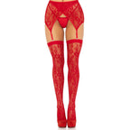 Leg Avenue Lace Stockings and Garterbelt (Red) – Lace Thigh Highs and Garterbelt Set > Clothes > Hosiery > Garterbelt Sets