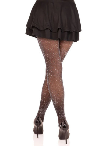 Leg Avenue Spandex Lurex Rhinestone Tights One Size Black Silver Hosiery
