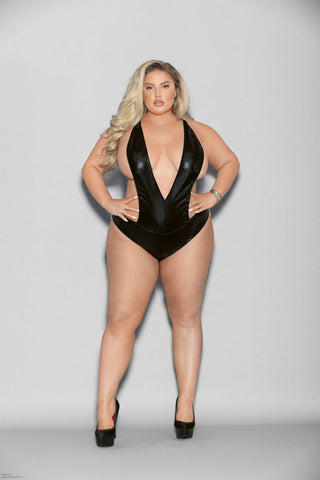 Liquid Look Chain Back Open Crotch Teddy Lingerie Black Queen > Clothes > Plus Size Lingerie