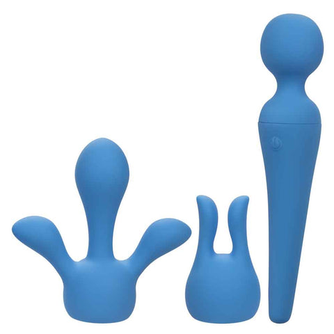 Couture Collection™ Body Wand Kit Blue Silicone USB Rechargeable Waterproof with Dual and Triple Teaser Attachments Electric Massager