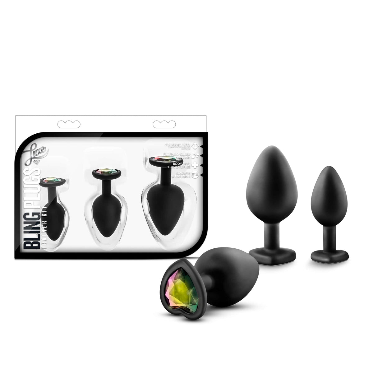Luxe Bling Plugs Training Kit – 3 Sizes Silicone Anal Plugs with Heart Gems > Anal Range > Butt Plug Kits