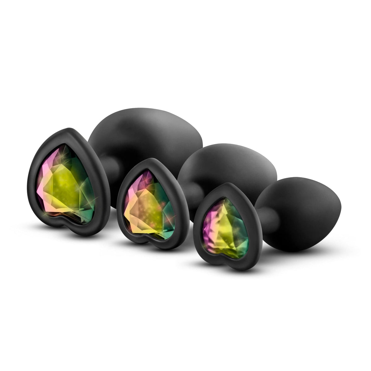 Luxe Bling Plugs Training Kit – 3 Sizes Silicone Anal Plugs with Heart Gems Black Rainbow Gems > Anal Range > Butt Plug Kits