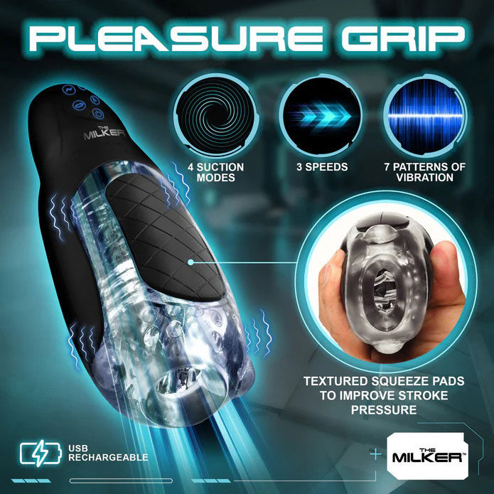 Pleasure Grip Sucking and Vibrating Masturbator (Black) – Vibrating Masturbator Strokers - Vibrating