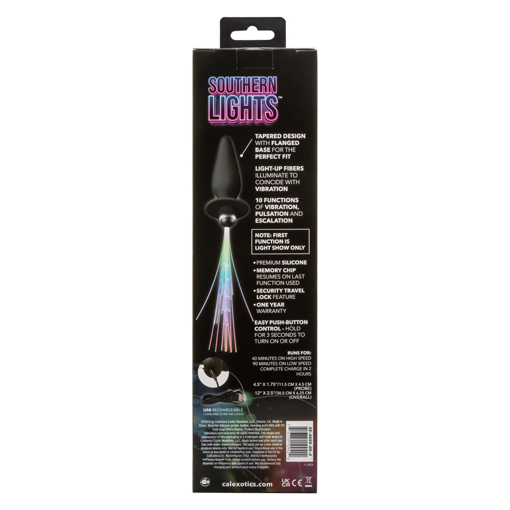 Southern Lights™ Vibrating Light Up Anal Probe Black Silicone Rechargeable with Tapered Design and Flanged Base Butt Plugs - Vibrating