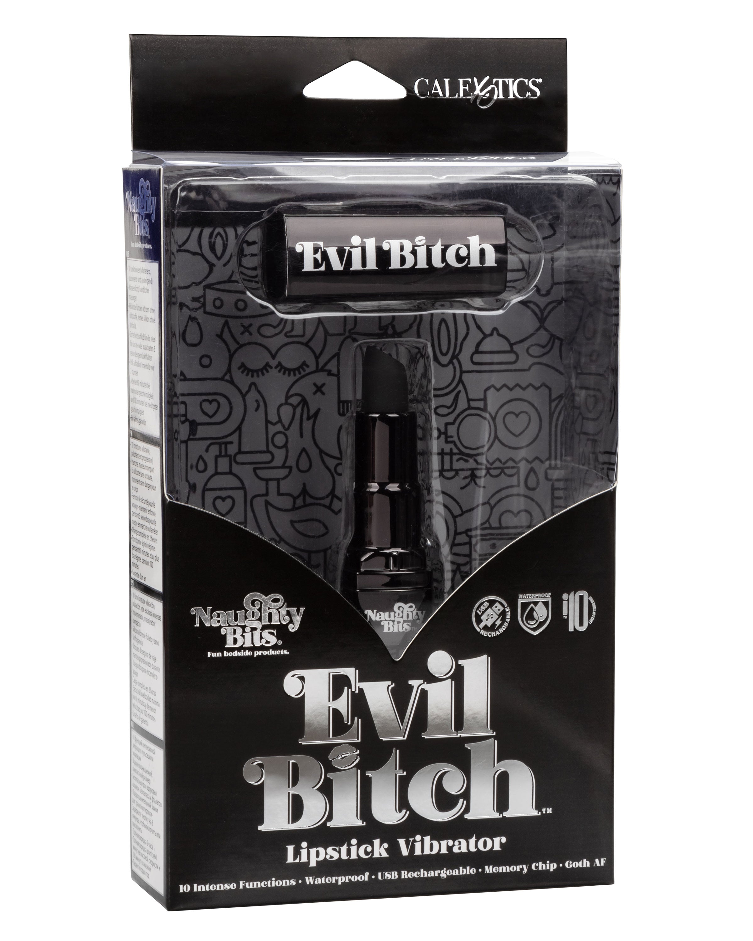 Naughty Bits Evil Bitch Black Lipstick Vibrator 4-Inch Rechargeable Waterproof Silicone Massager BULLETS