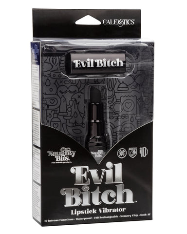 Naughty Bits Evil Bitch Black Lipstick Vibrator 4-Inch Rechargeable Waterproof Silicone Massager BULLETS