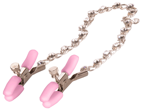 Nipple Play Crystal Chain Adjustable Nipple Clamps with Pink Silicone Coating and Sparkling Crystals Pink Nipple Clips