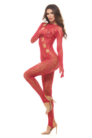 Rene Rofe Split Up Lace Bodystocking Black One Size Lingerie Red Bodystocking