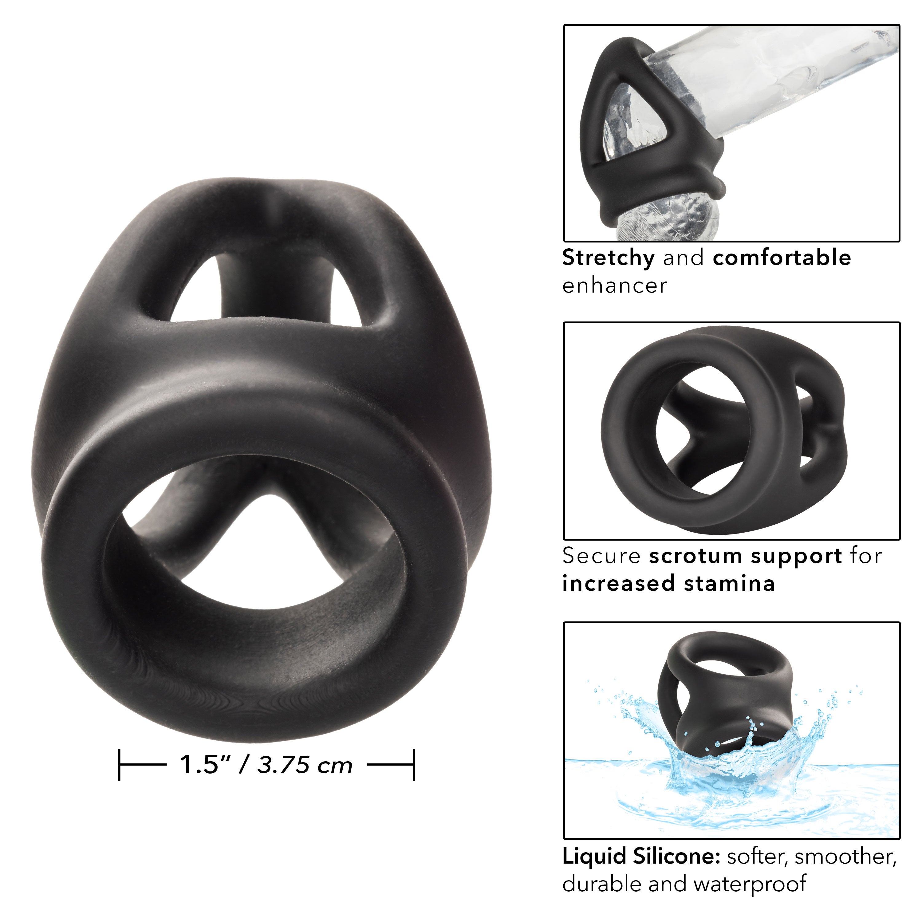 Alpha Liquid Silicone Dual Cage and Ring Black Stretchy Enhancer Cock Ring