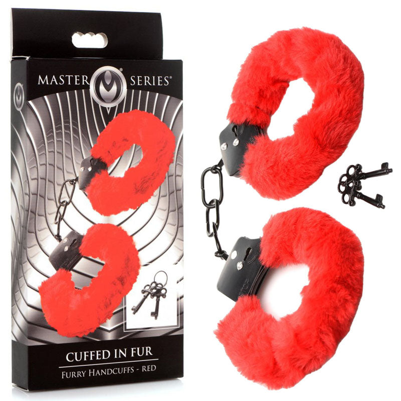 Master Series Cuffed in Fur Fluffy Handcuffs – Adjustable Metal Core Bondage Restraints Red > Bondage Gear > Handcuffs