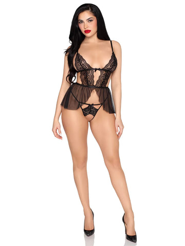 Scalloped Lace and Mesh Babydoll Set (Black) – Lingerie Medium Black Medium > Clothes > Babydolls
