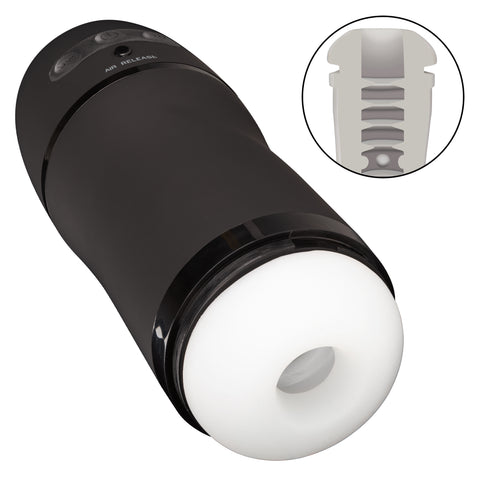 Optimum Power Pulsar Stroker Black Rechargeable Vibrating Masturbator with Suction and Textured Sleeve Strokers - Manual