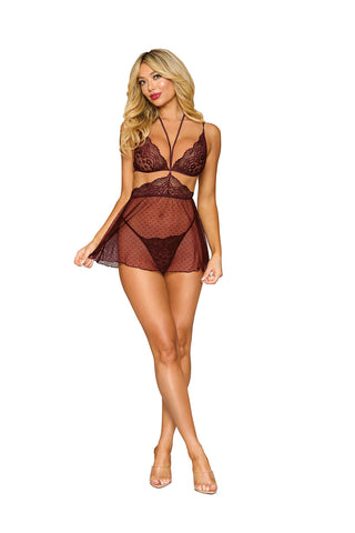 Cherry Lacquer Bralette Babydoll Skirt and G-String Set Burgundy > Clothes > Dresses and Chemises