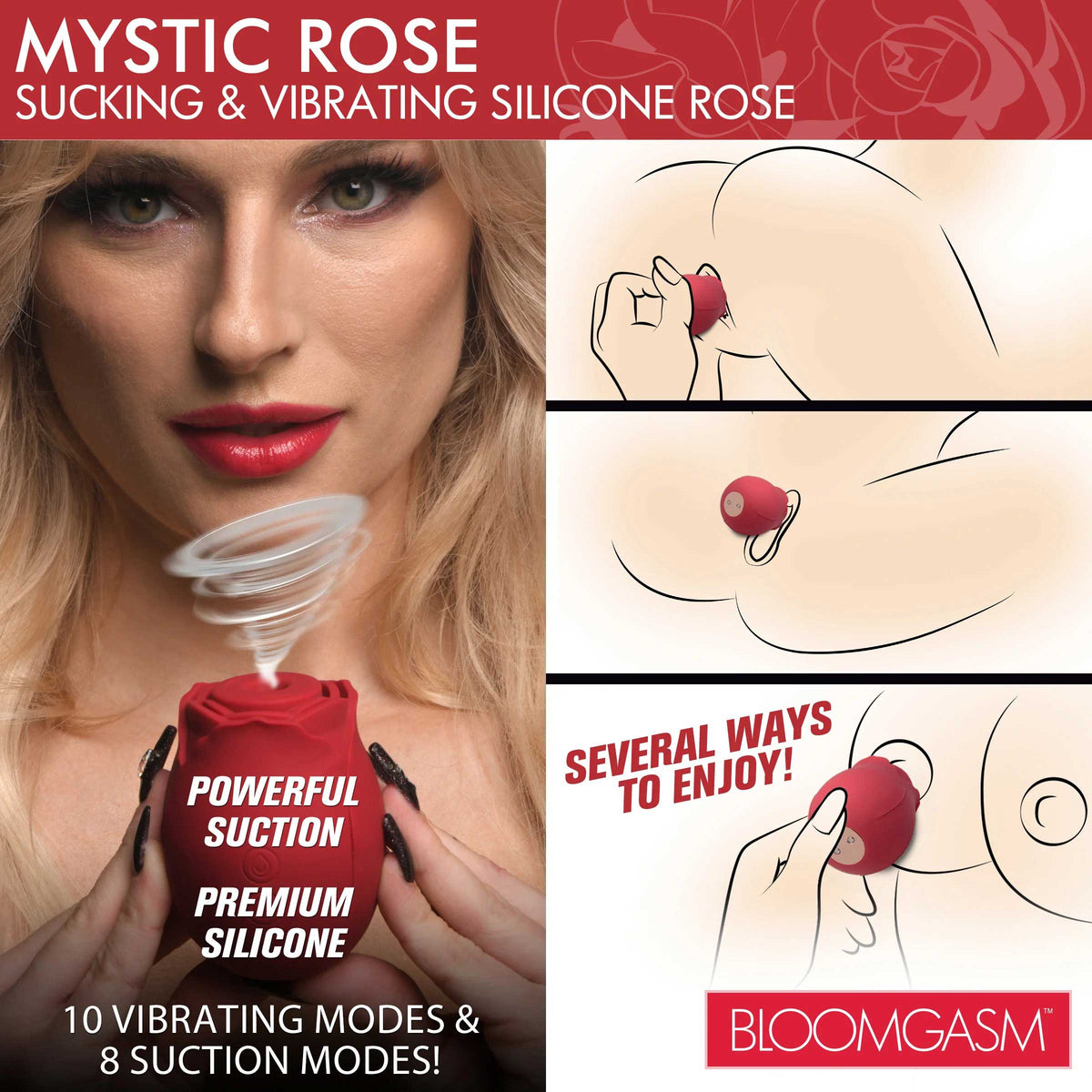 Mystic Rose Sucking and Vibrating Silicone Clitoral Vibrator Red > Sex Toys For Ladies > Rose Stimulators