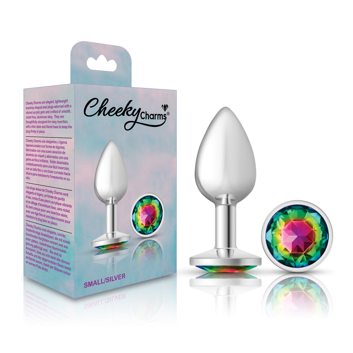 Cheeky Charms Silver Round Butt Plug with Rainbow Jewel Small (6.78cm) > Anal Range > Jewel Butt Plugs