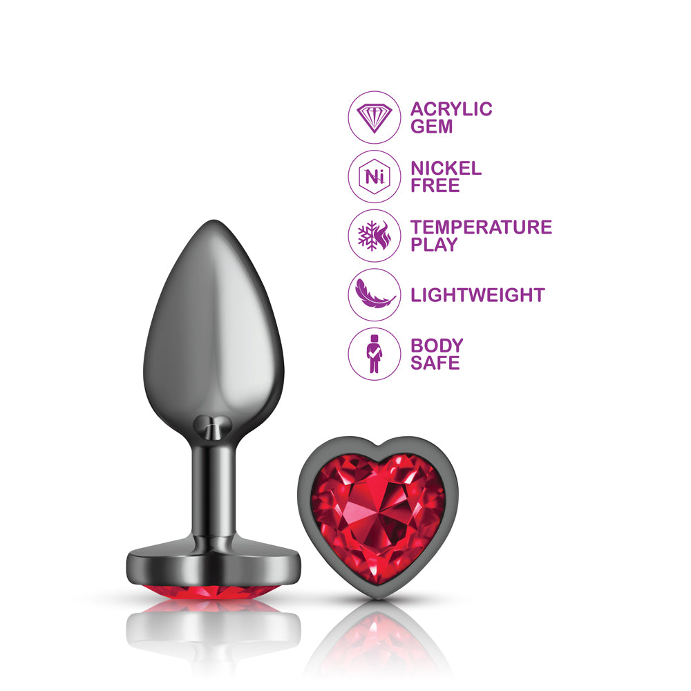 Cheeky Charms Gunmetal Butt Plug with Heart Red Jewel Small (6.78cm) > Anal Range > Jewel Butt Plugs