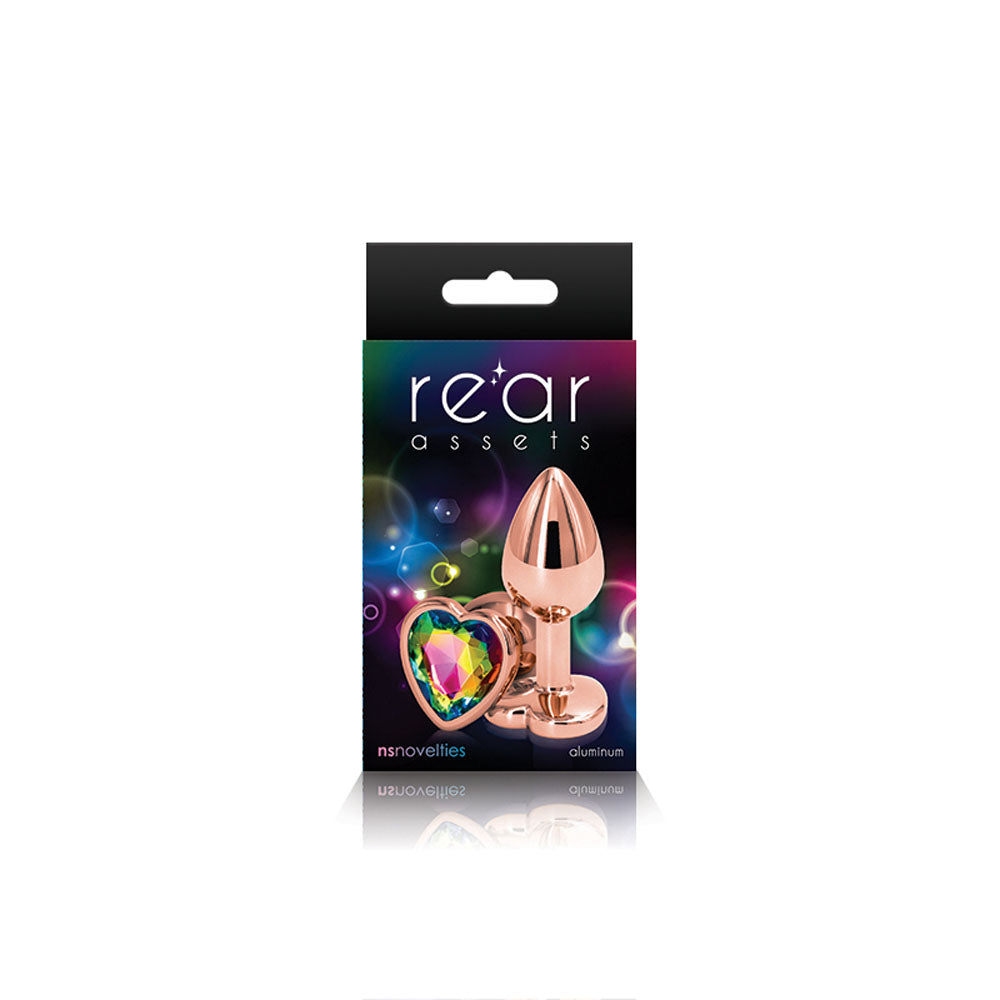 Rear Assets Rose Gold 2.76 Inch Small Metal Butt Plug with Rainbow Heart Gem Base – Lightweight Butt Plug Pink Small > Anal Range > Jewel Butt Plugs