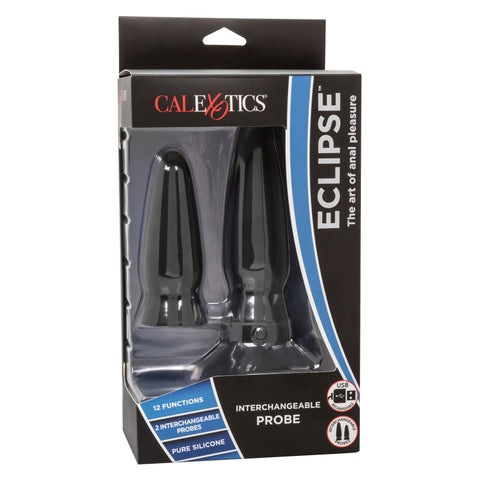 Eclipse Interchangeable Probe Black Silicone Vibrating Anal Probe Set with 2 Attachments and Suction Cup Base Black Butt Plugs - Vibrating
