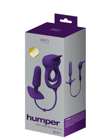 Humper Rechargeable Dual C-Ring With Anal Plug (Black) – Waterproof Silicone C-Ring and 5-Inch Anal Plug Purple Cock Rings Vibrating