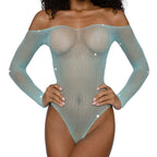 Rhinestone Off Shoulder Bodystocking – Nylon Spandex Bodystocking > Clothes > Bodies and Playsuits