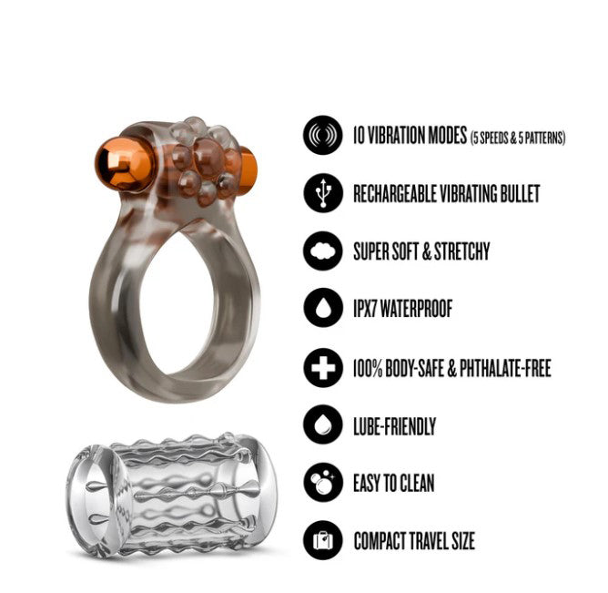 Stay Hard Vibrating Cock Ring Set With Textured Sleeve - Stamina Enhancer > Cock Ring > Vibrating