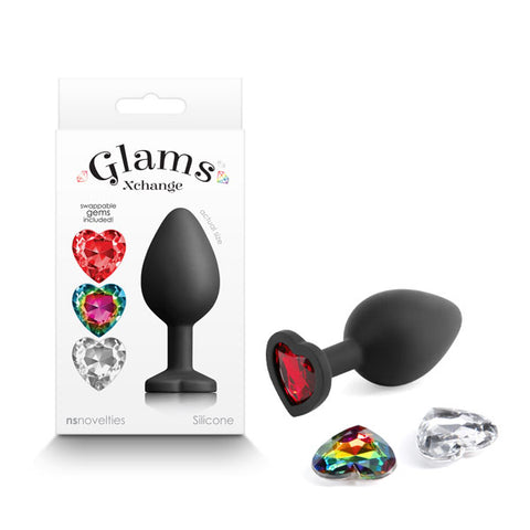 Glams Xchange Heart Medium Butt Plug with Heart Gems Black > Anal Range > Jewel Butt Plugs