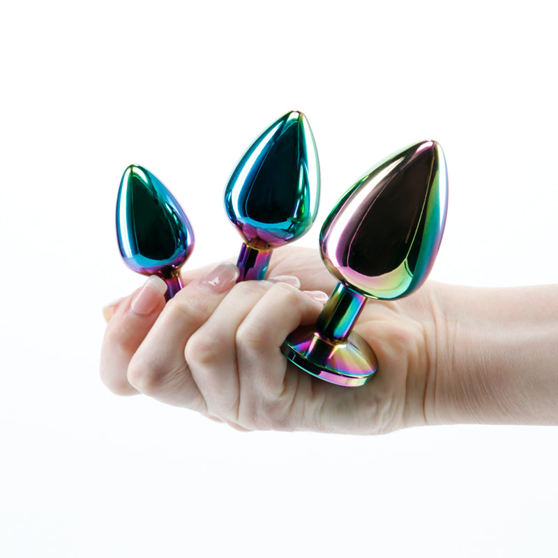 Rear Assets Trainer Kit (Multicolor) - Chrome-Plated 3 Pc Metal Plug Set With Circular Jewel (Small 2.76" to Large 3.66" insertable) > Anal Range > Butt Plug Kits