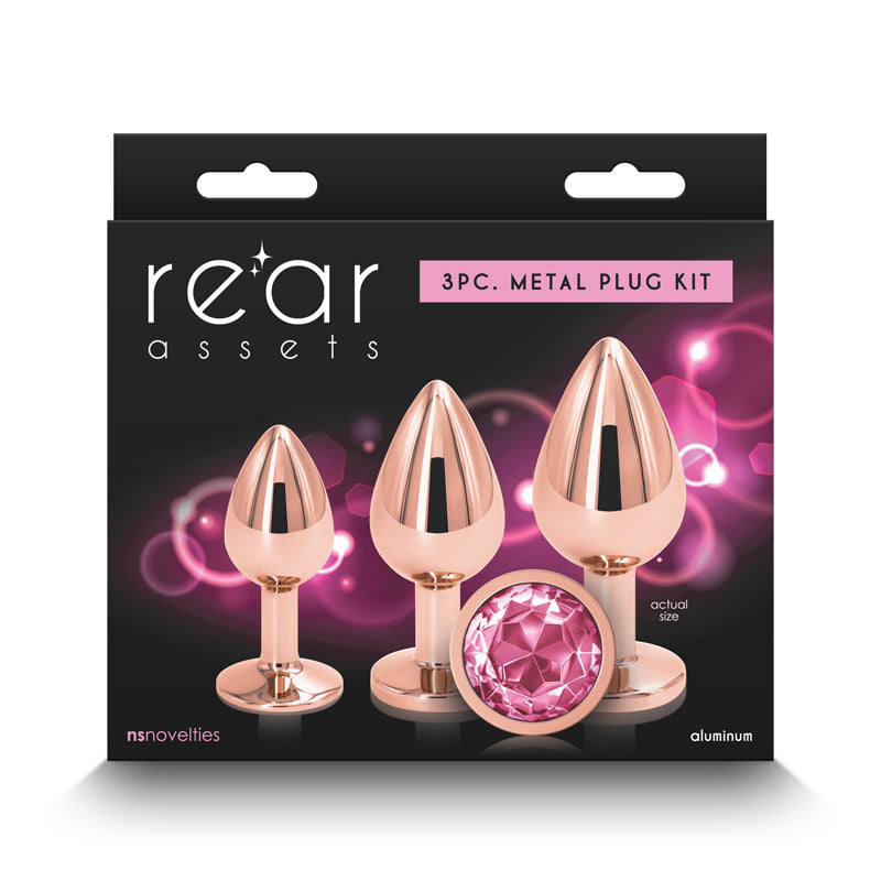 Rear Assets Trainer Kit - 3 Metallic Butt Plugs with Pink Gems Rose Gold > Anal Range > Butt Plug Kits