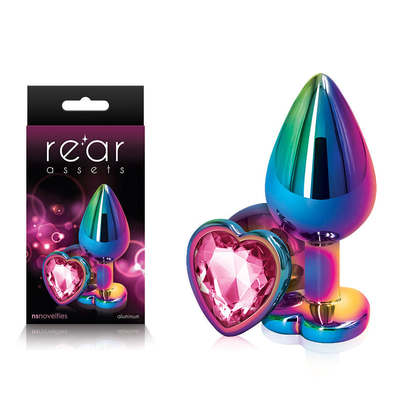 Rear Assets Multi 3.23 Inch Medium Metal Butt Plug with Pink Heart Gem Base > Anal Range > Jewel Butt Plugs