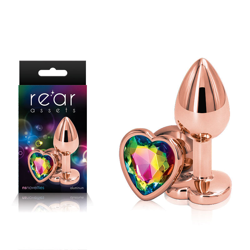 Rear Assets Rose Gold 2.76 Inch Small Metal Butt Plug with Rainbow Heart Gem Base – Lightweight Butt Plug > Anal Range > Jewel Butt Plugs