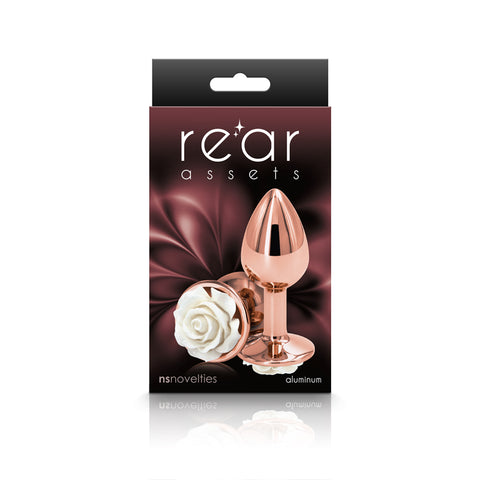 Rear Assets Rose Small 7.6 cm Metal Butt Plug White Rose Base > Anal Range > Jewel Butt Plugs