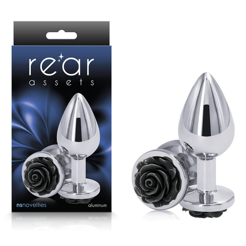 Rear Assets Rose Medium 8.9 cm Metal Butt Plug Black Rose Base Silver ANAL TOYS